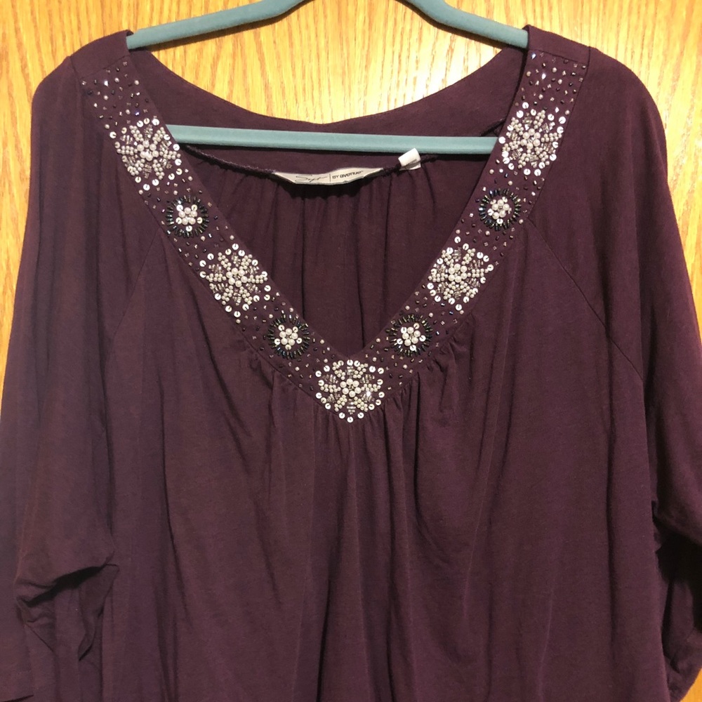 Wine cotton/modal blouse with beaded neckline